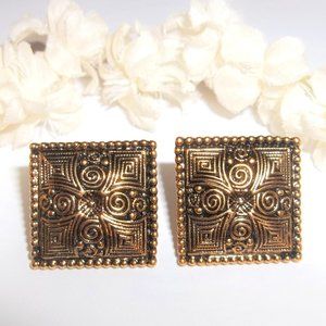 VINTAGE Earrings, Earring, Gold and Black Earring, Square Post Backs Set 7247